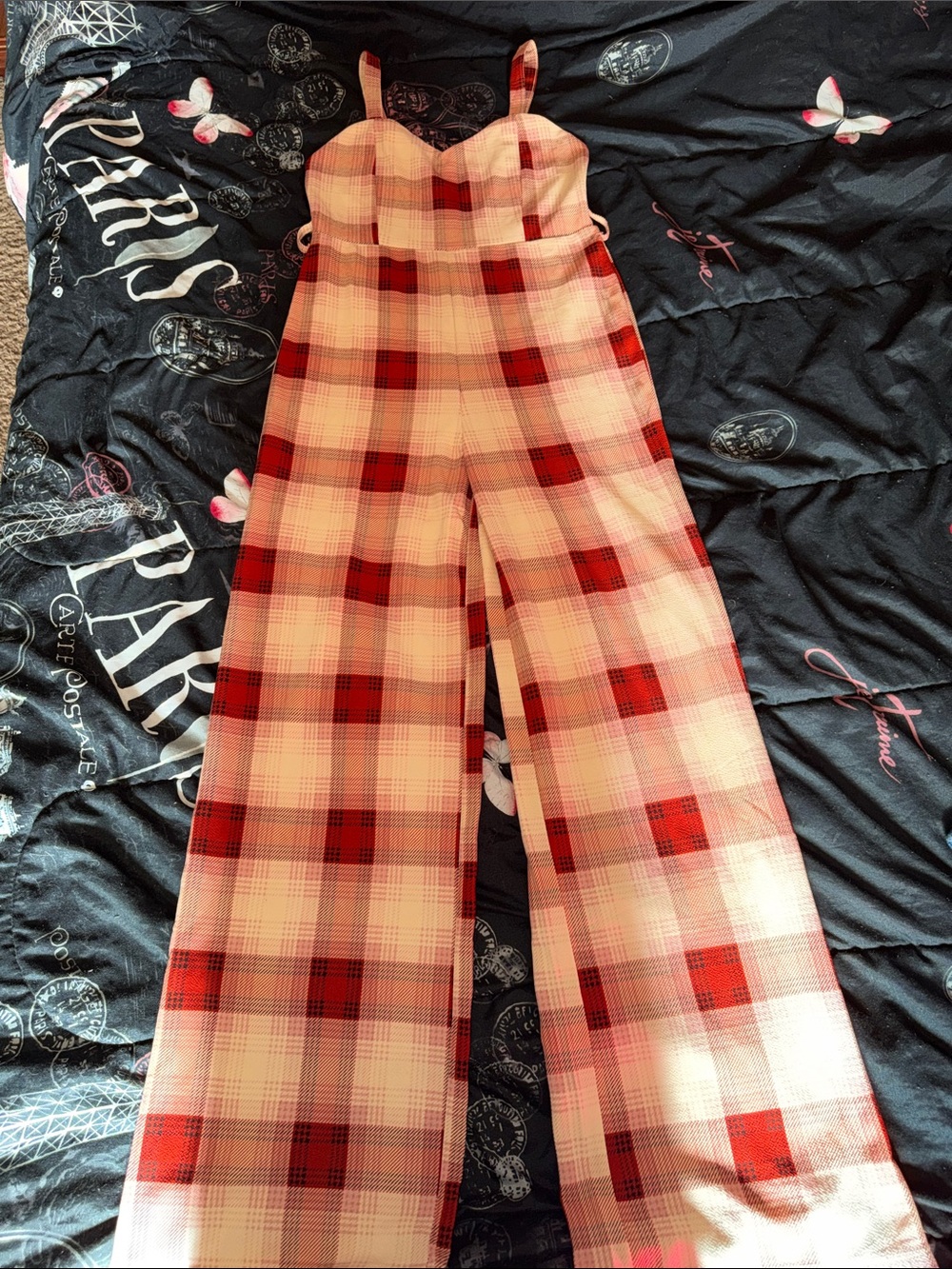 Red Plaid Wide-Leg Jumpsuit
